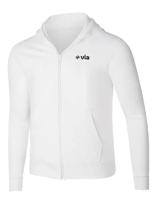 White 8.5 oz Ring Spun Zip Hooded Sweatshirt w/Via Logo