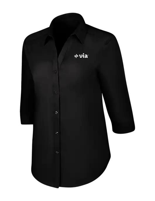 Womens Black 3/4 Sleeve Carefree Poplin Shirt w/Via Logo