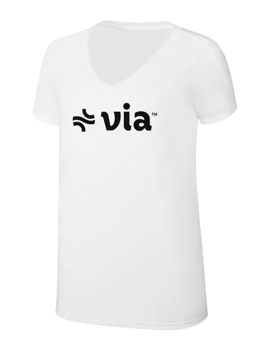 Womens Simply Soft V-Neck White 4.5oz  Poly/Combed Ring Spun Cotton T-Shirt w/Via Logo