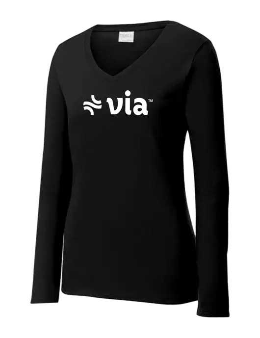 Womens V-Neck Ring Spun Jet Black 4.5 oz Long Sleeve T-Shirt w/Via Logo