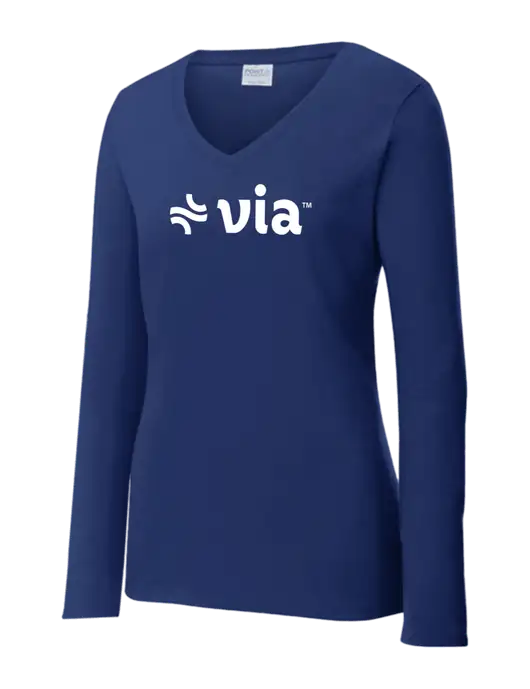 Womens  V-Neck Ring Spun Navy 4.5 oz Long Sleeve T-Shirt w/Via Logo
