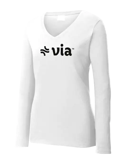 Womens  V-Neck Ring Spun White 4.5 oz Long Sleeve T-Shirt w/Via Logo