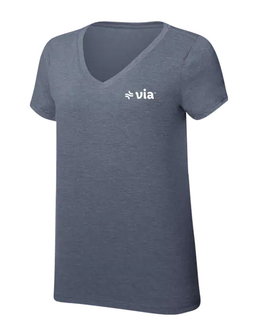 Womens Simply Soft V-Neck Navy Frost 4.5oz  Poly/Combed Ring Spun Cotton T-Shirt w/Via Logo