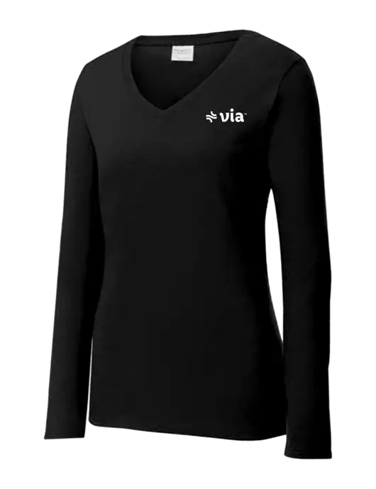 Womens V-Neck Ring Spun Jet Black 4.5 oz Long Sleeve T-Shirt w/Via Logo