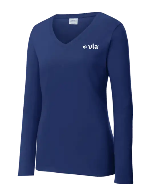 Womens  V-Neck Ring Spun Navy 4.5 oz Long Sleeve T-Shirt w/Via Logo