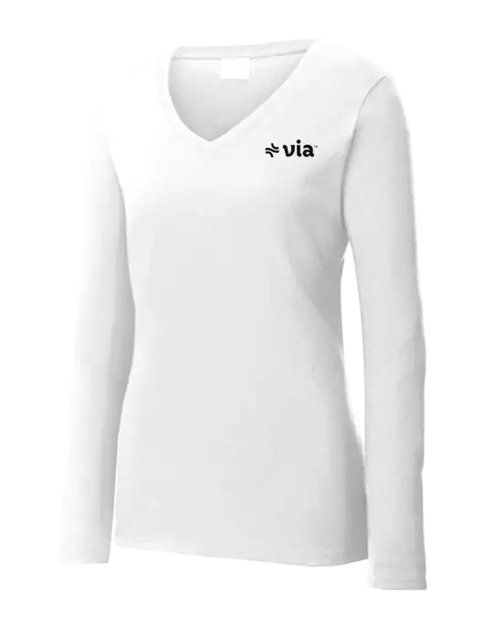 Womens  V-Neck Ring Spun White 4.5 oz Long Sleeve T-Shirt w/Via Logo